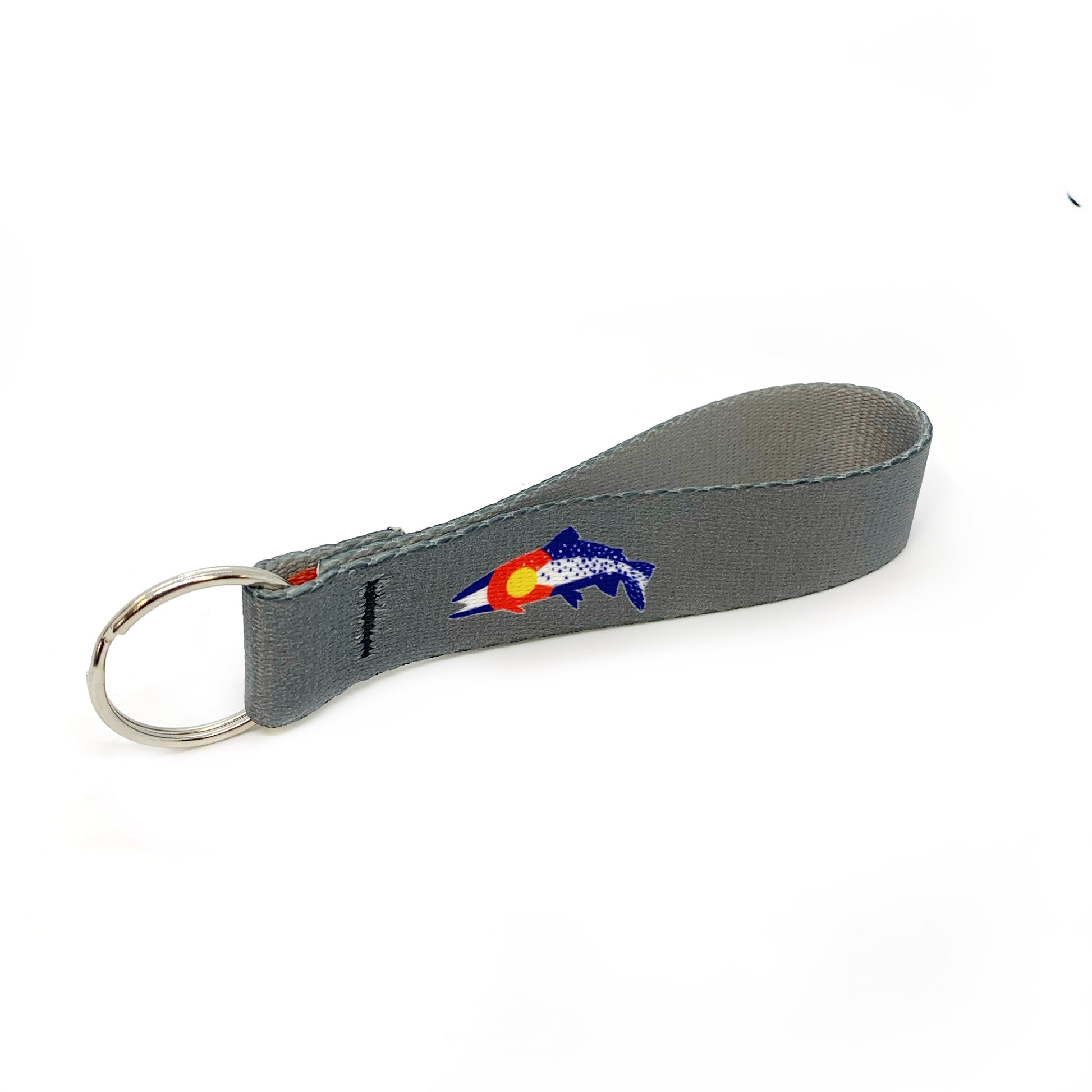 Key ring with two keys connected to a loop of nylon webbing with repeated trout in colorado flag colors.