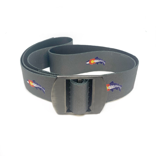 Gray belt with metal buckle with trout shaped colorado flags every few inches