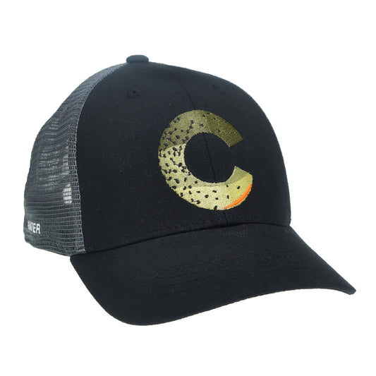 A hat with gray mesh and black fabric in the front has the letter C in the colors and pattern of cutthroat trout skin