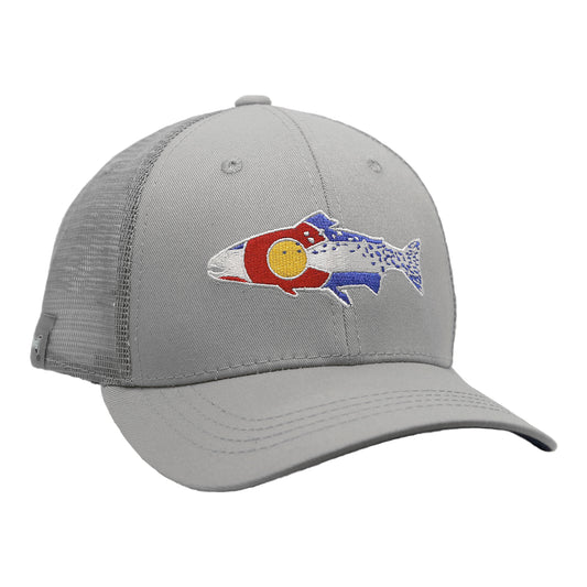 A hat with gray mesh and gray fabric in front has embroidery in the shape of a trout and the colors and pattern of a colorado flag