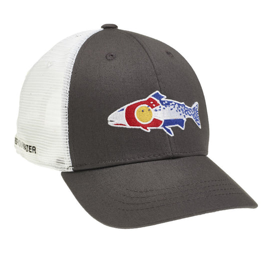 A hat with white mesh and gray fabric in front has embroidery in the shape of a trout and the colors and pattern of a colorado flag