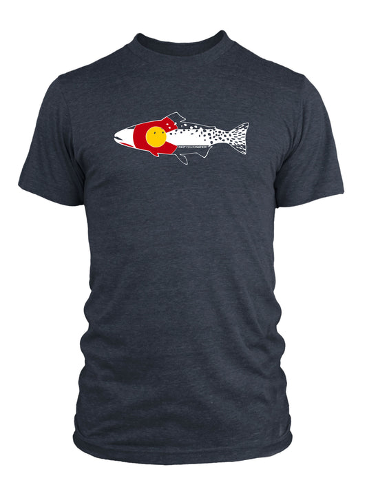 The front of a navy tee shirt has a print on the chest in the colors and pattern of a colorado flag