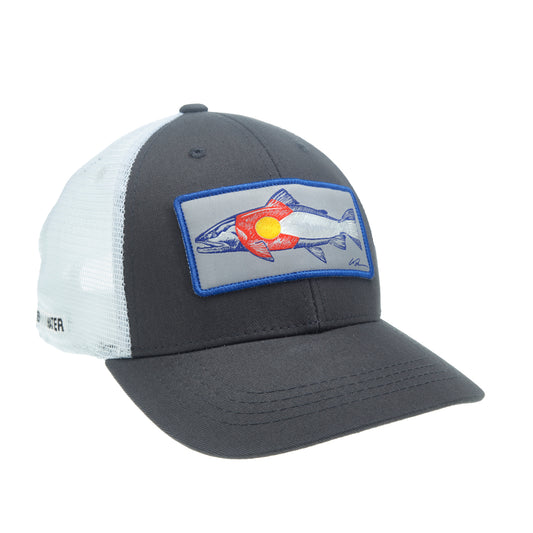 A hat with white mesh in back and gray fabric in front has a rectangular patch on front with a sketched trout in the colors and pattern of the colorado flag