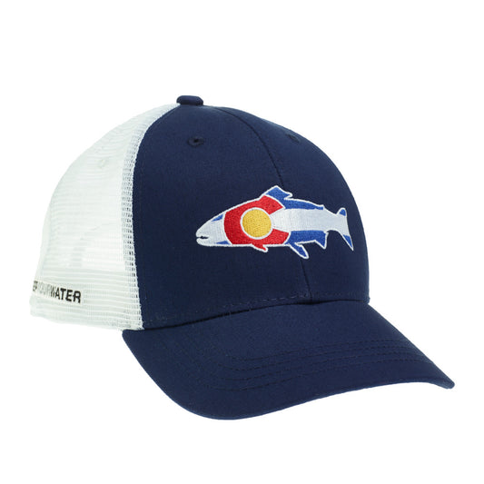 A hat with gray mesh back and navy front has embroidery in the shape of a trout with the colors and pattern of the colorado flag