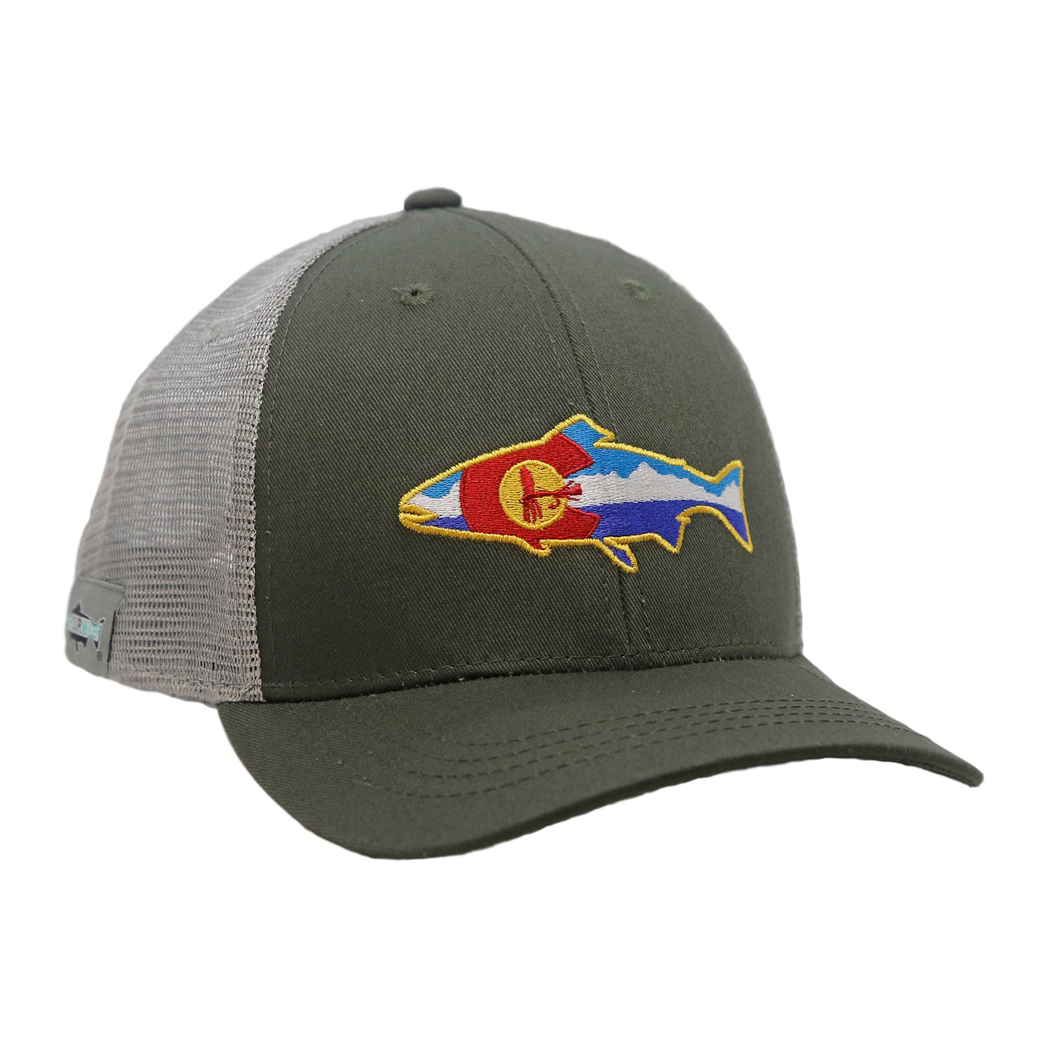A hat with gray mesh back and green fabric in the front has embroidery in the shape of a trout with a mountain scene inside it, a large letter C and a dry fly