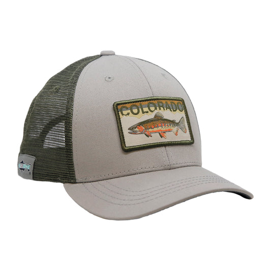 A hat with green mesh in back and gray fabric in front has a rectangular patch that says Colorado and has a greenback cutthroat trout