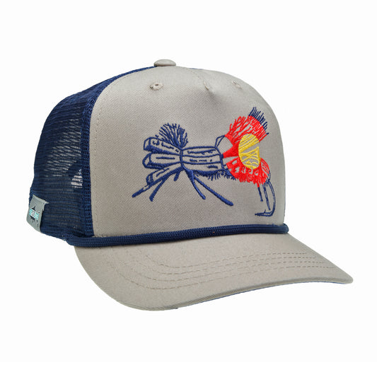 A hat with navy mesh in back and gray fabric in front has embroidery in the shape of a grasshopper fly in the colors of the colorado flag. A blue rope is above the brim