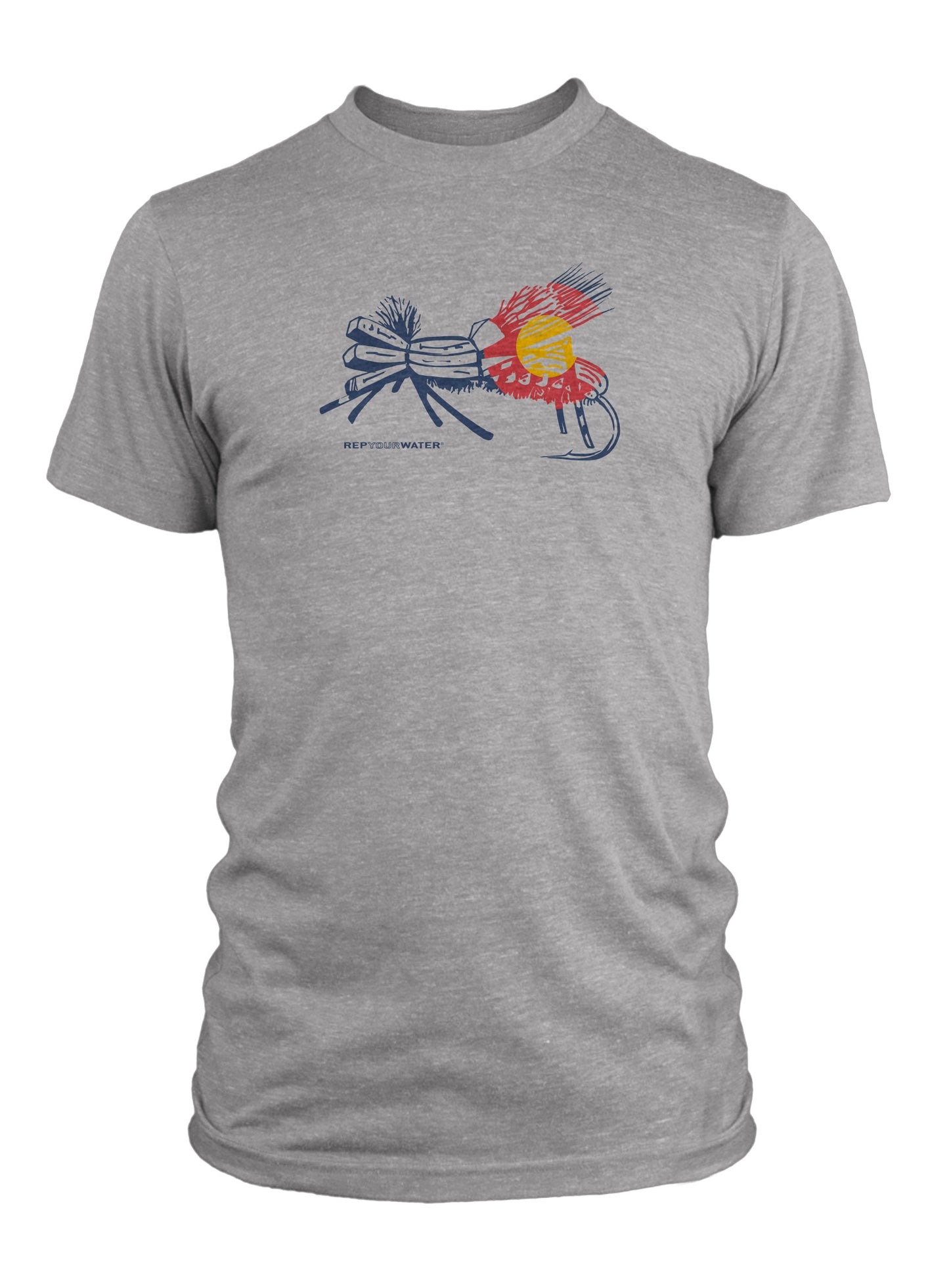 A gray short sleeved tee shirt has a print on the chest in the shape of a grass hoper fly in the colors of the colorado flag it says repyourwater underneath