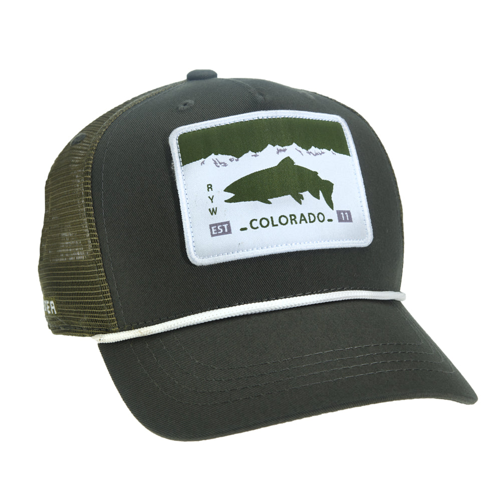 A hat with green mesh in back and green fabric in front has a rectangular patch on front in the style of the colorado license plate and shows a trout and reads RYW EST 11 and Colorado