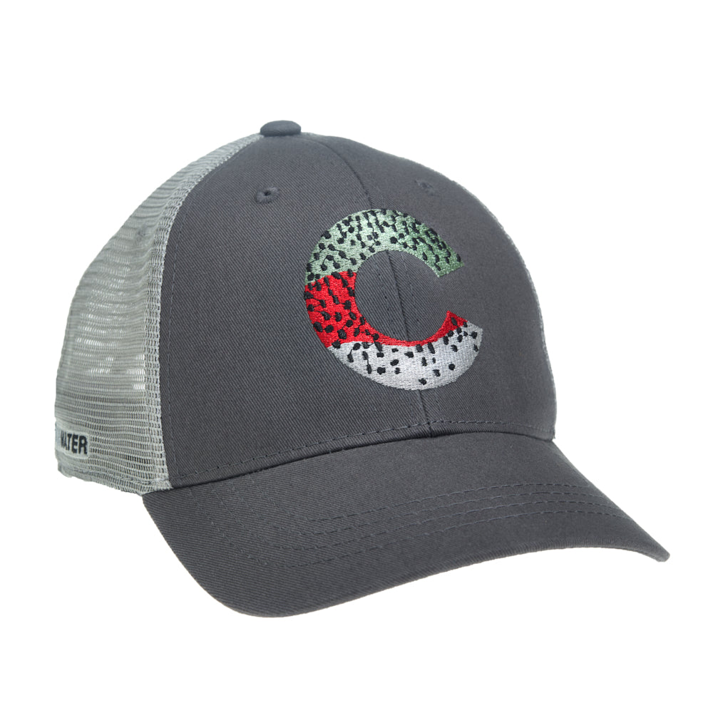 A hat has gray mesh in the back and gray fabric in front with the letter C embroidered in the pattern of a rainbow trout