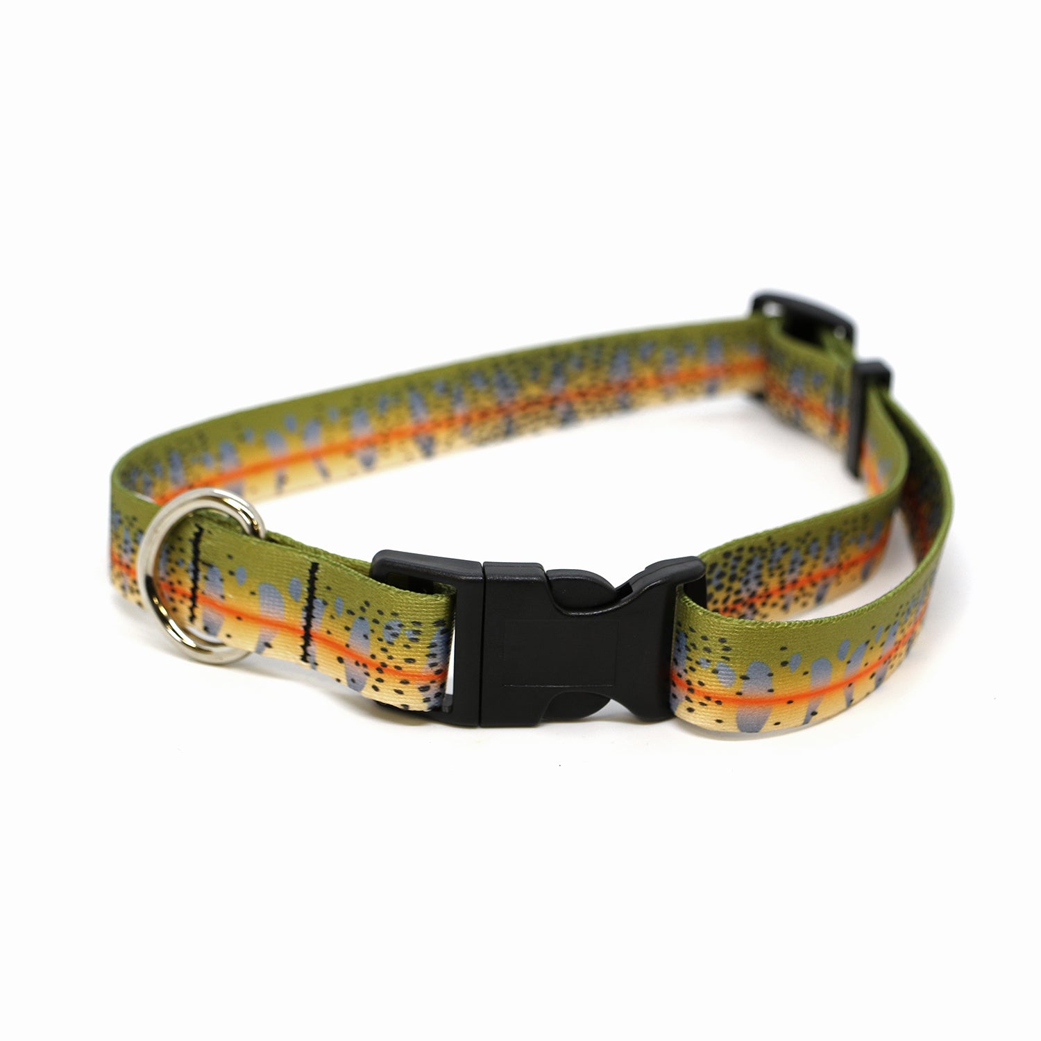 A dog collar with a black plastic clip and metal ring has the pattern of a cutthroat trout printed on it.