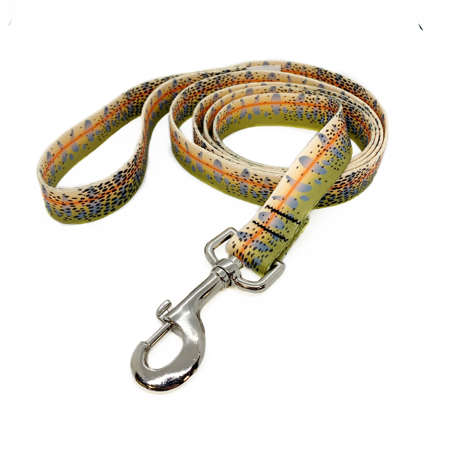 A dog leash with a black clip has the pattern of a cutthroat trout on it