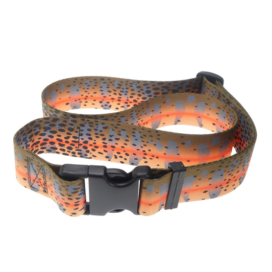 A nylon belt in the pattern of a cutthroat trout has a plastic buckle