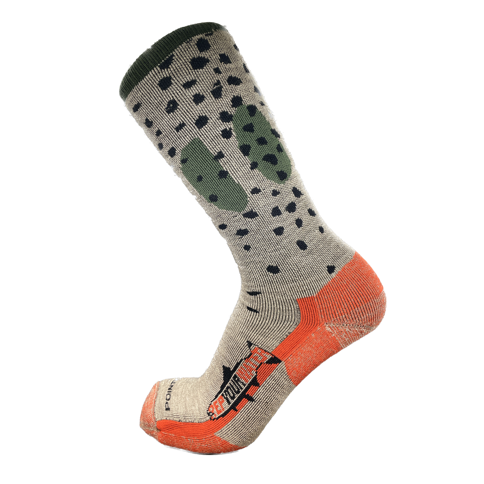 A sock with the pattern of a cutthroat trout also has a logo on the foot that reads repyourwater in a trout silhouette