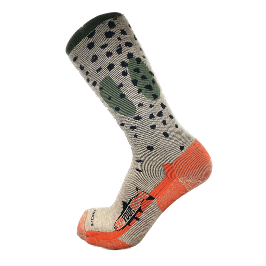 A sock with the pattern of a cutthroat trout also has a logo on the foot that reads repyourwater in a trout silhouette