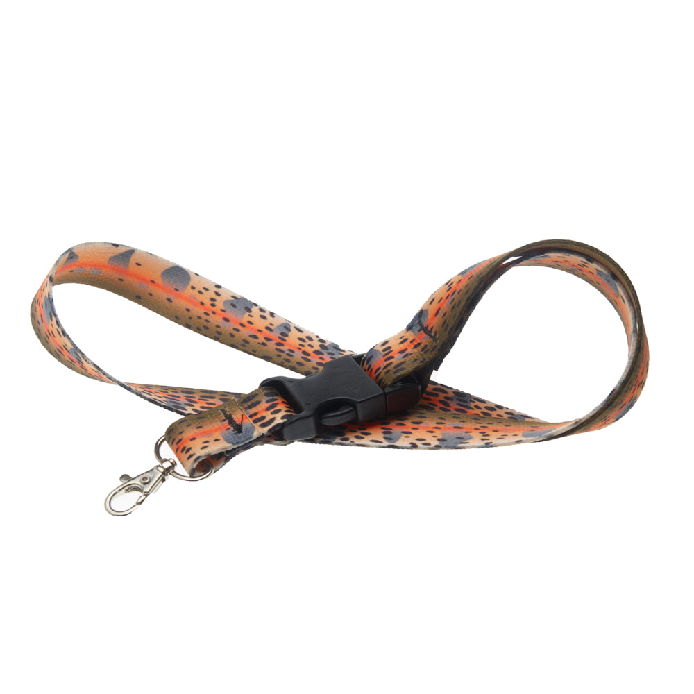 A nylon neck lanyard in the pattern of a cutthroat trout with a plastic buckle and metal clip on the end
