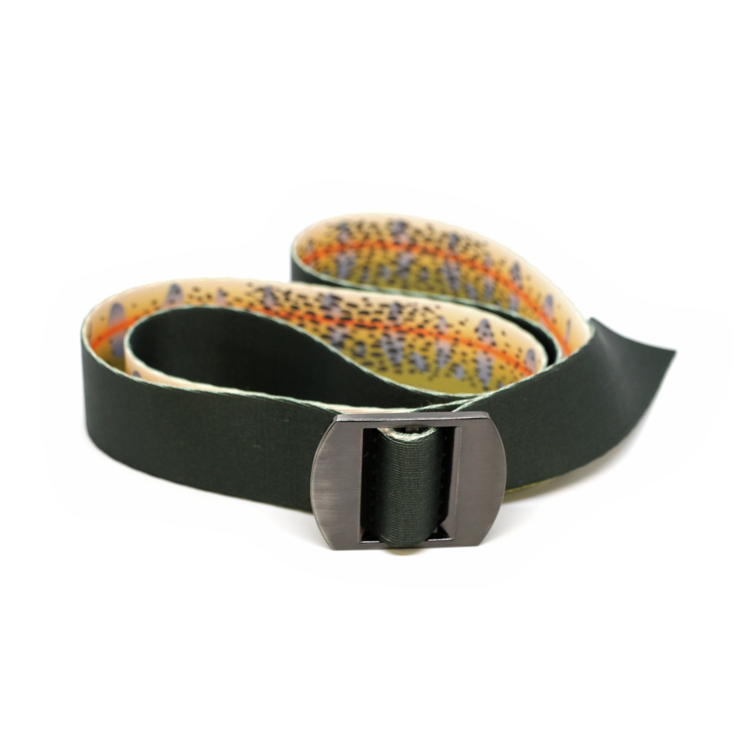 A nylon belt with a metal buckle has cutthroat trout print, reversed to show the black backside