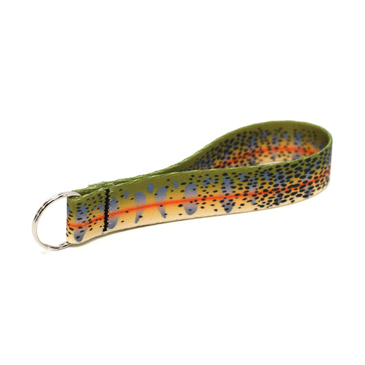 A loop of nylon webbing in the pattern of a  cutthroat trout with a key ring on the end