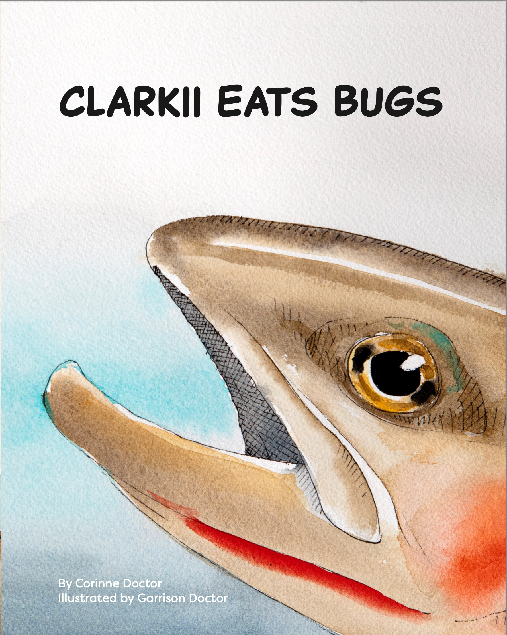 Front cover shows a trout face and reads title clarkii eats bugs by corinne doctor illustrated by garrison doctor