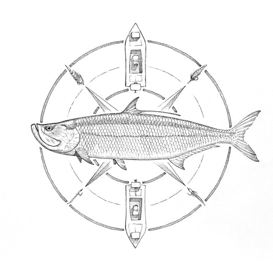 A black and white drawing of a tarpon in the middle of a compass that has flies and drift boats featured on it