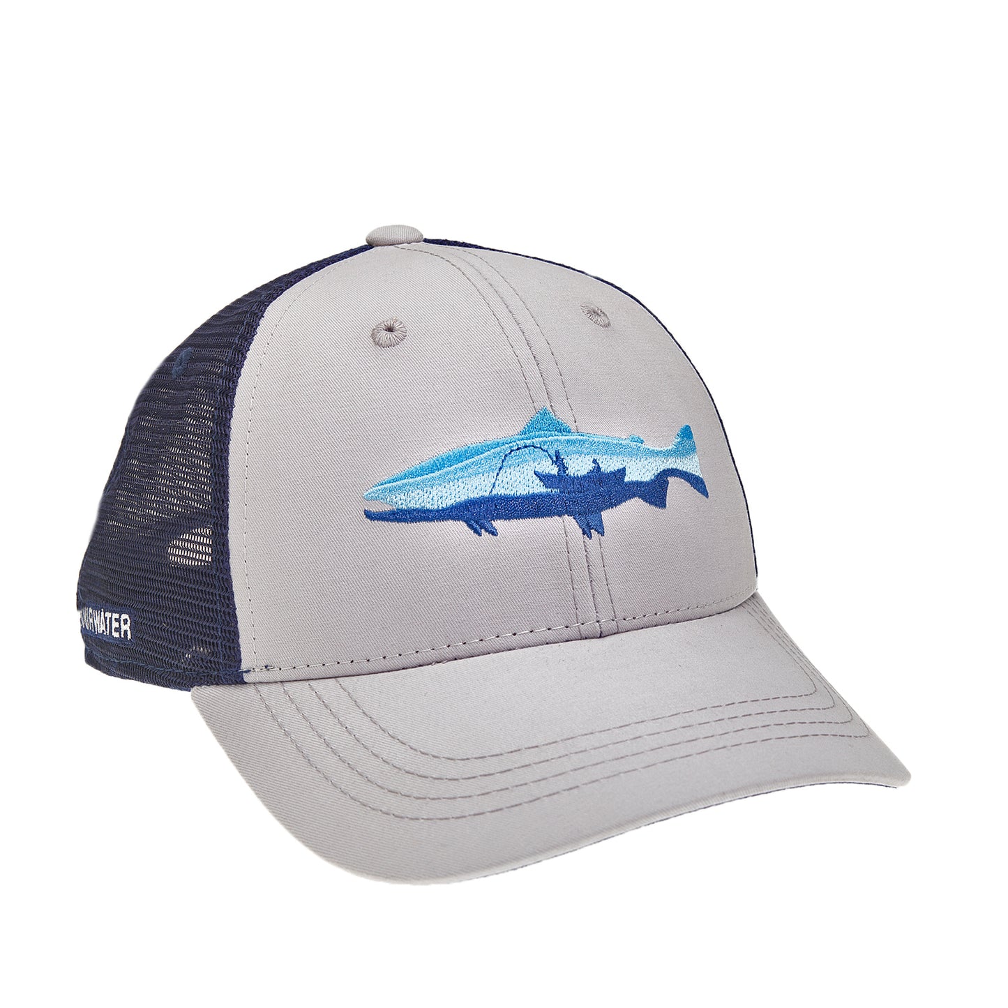 A hat with blue mesh and gray fabric on front has embroidery of a trout with a drift boat and angler inside