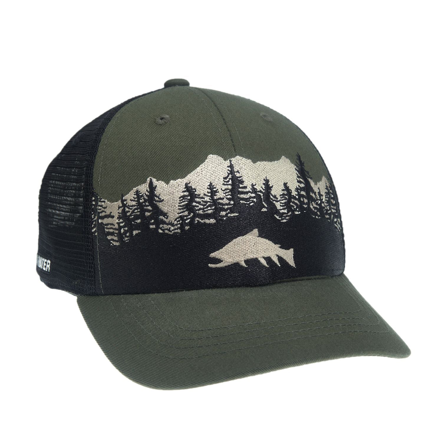  hat with black mesh in the back and a green brim.  The front has embroidery of a fish in front of pine trees and a mountain with green fabric in the background