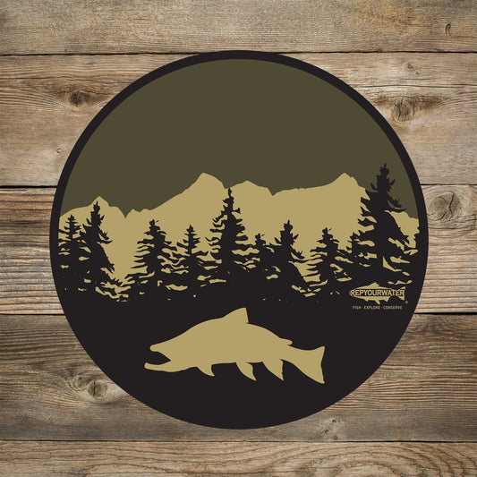 A wood background has a mockup of a circular sticker which has a trout in front of pine trees and a mountain.  A logo that reads repyourwater inside a trout silhouette is above the words fish explore conserve