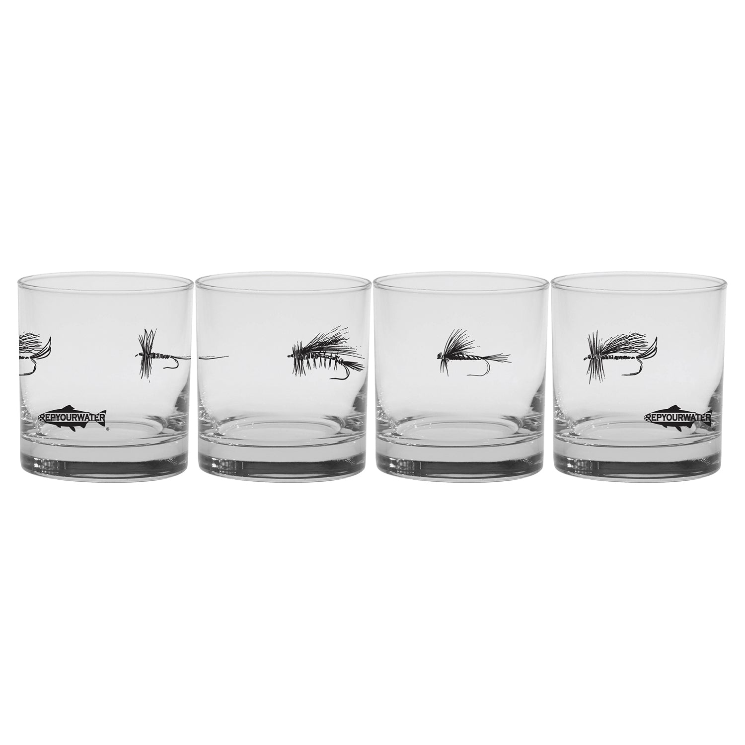 Four lowball cocktail glasses are shown to show all four dry flies printed on a single glass.