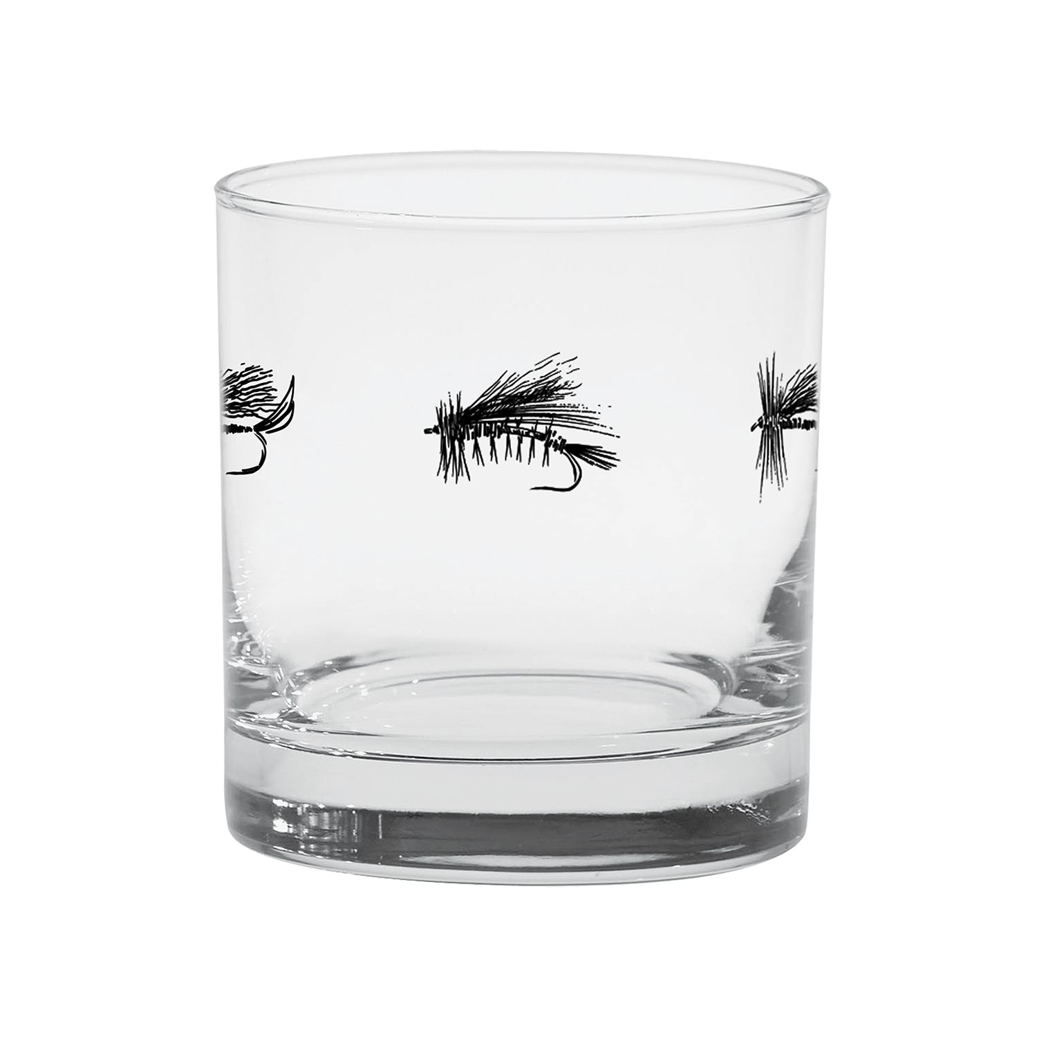 A low ball cocktail glass has a print of black dry flies on it