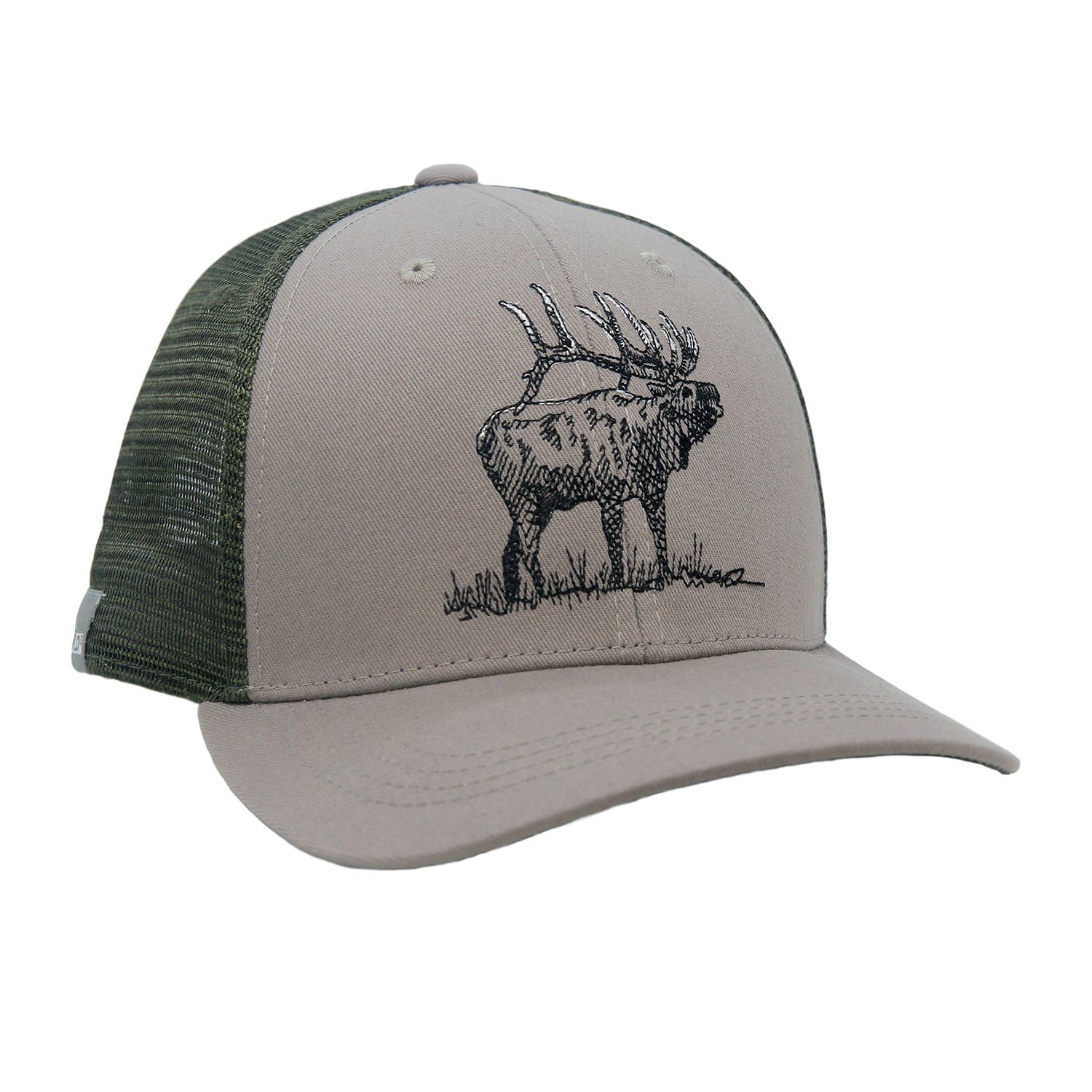A hat with green mesh in back and gray fabric in front features a bugling elk