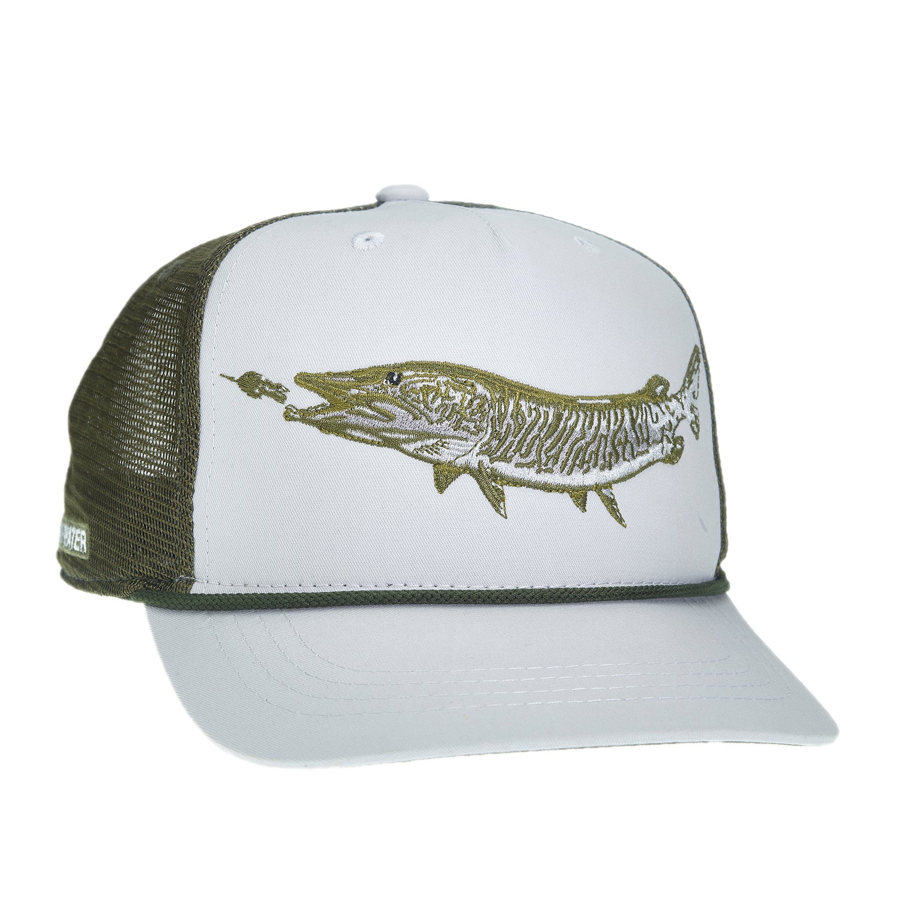 A hat with green mesh in back and gray fabric in front has embroidery of a large musky chasing a fly on front