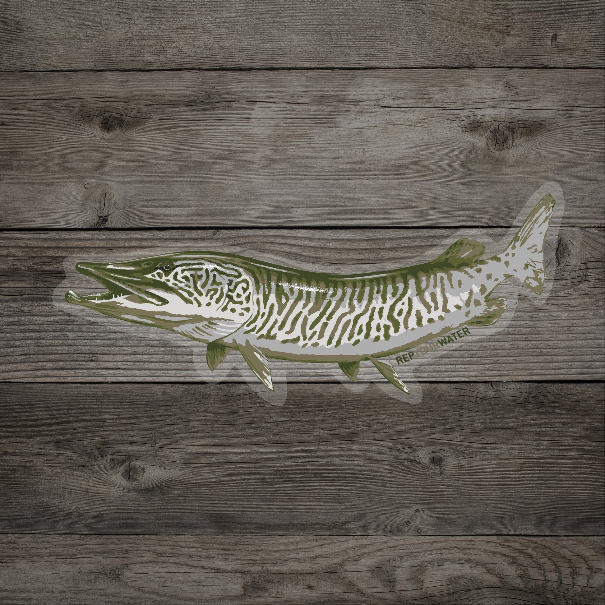A wood background has the mockup of a sticker showing a large musky