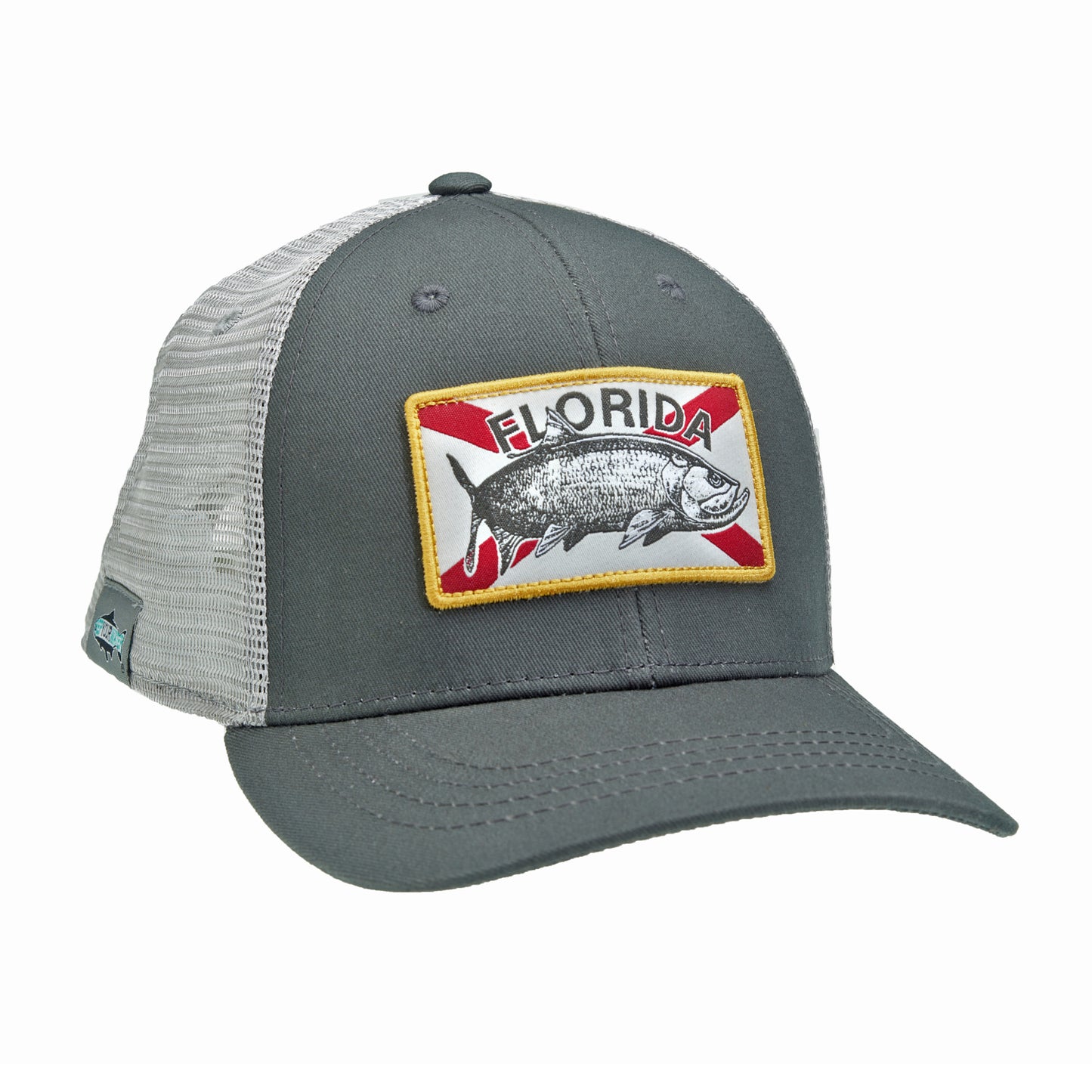 A hat with gray mesh and gray fabric in the front has a rectangular patch with the word florida above a tarpon with a red x behind it