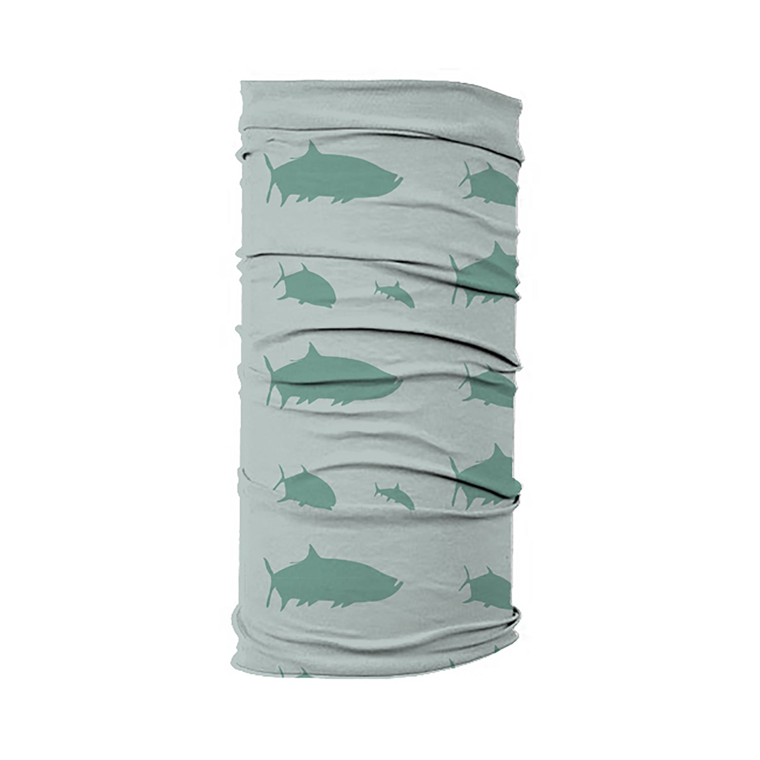 gray fishmask with repeated prints of bonefish tarpon and permit in light green