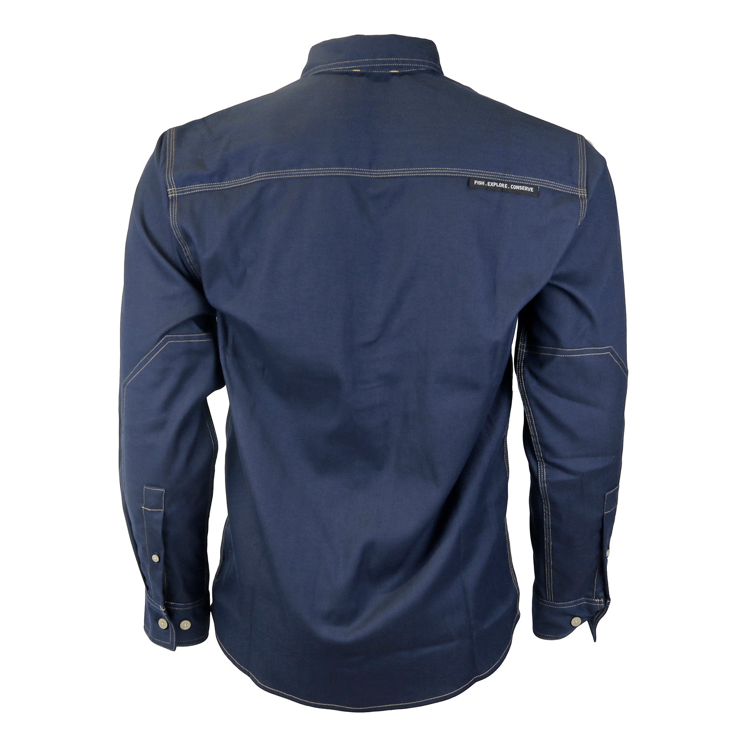 The back of a dark blue button down shirt.