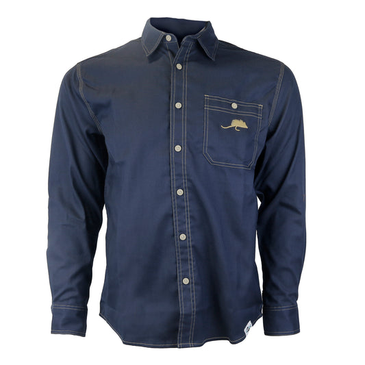 A solid dark blue button down shirt with an embroidered mouse fly on the pocket.