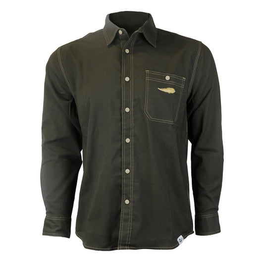 A front view of a dull green button down shirt with a streamer fly embroidered on the front.