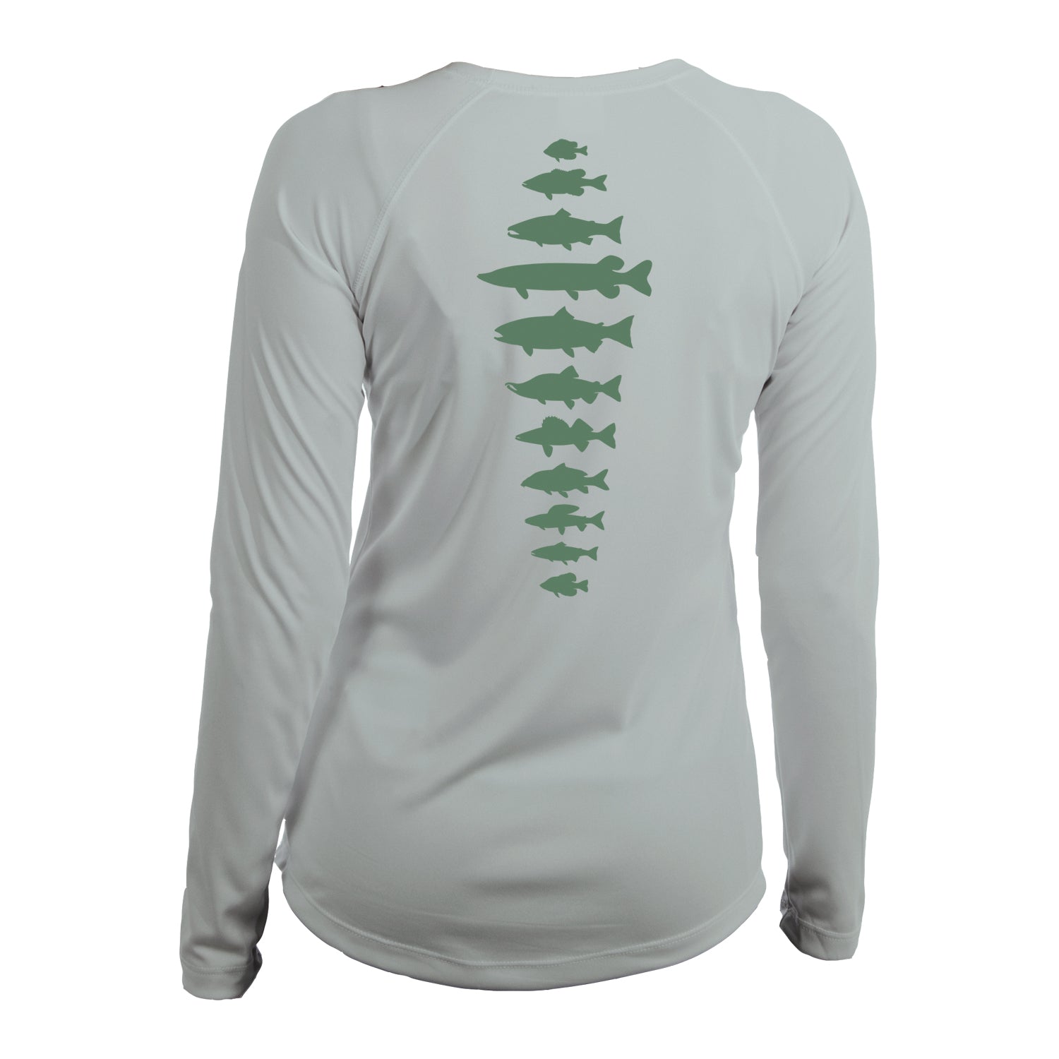 backside of gray sun shirt with freshwater fish species silhouettes going down the spine in green