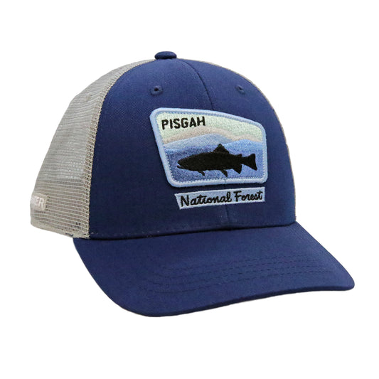 A hat with grey mesh back navy cloth front with a patch with a trout silhouette that reads Pisgah National Forest 