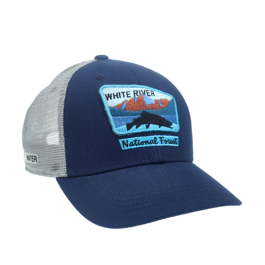 A hat with gray mesh and blue fabric in front has a design with a trout in front of mountains and reads white river national forest
