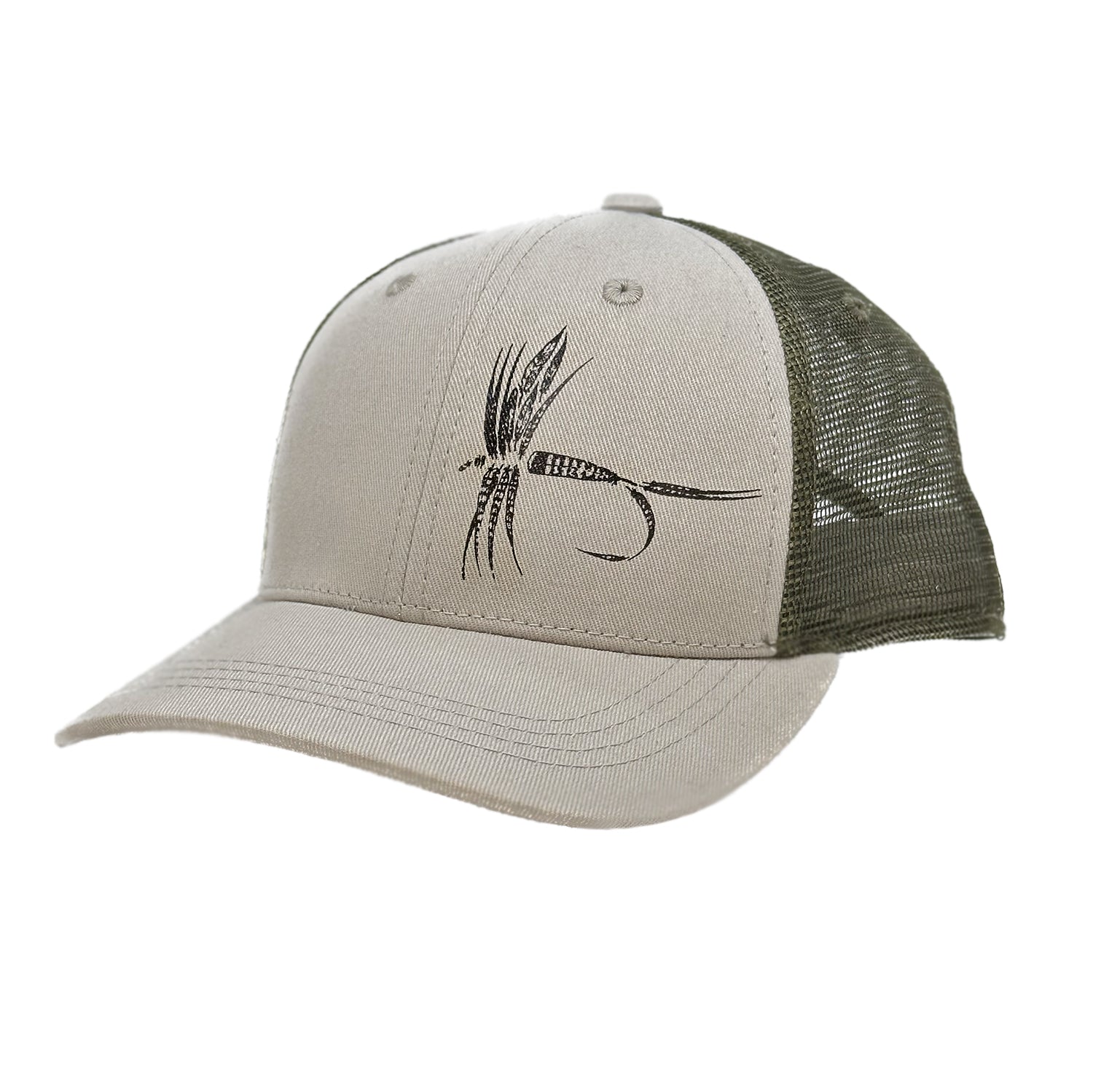 A gray front hat with dark forest green mesh with a Dry fly design on the right panel of that that is made of feathers
