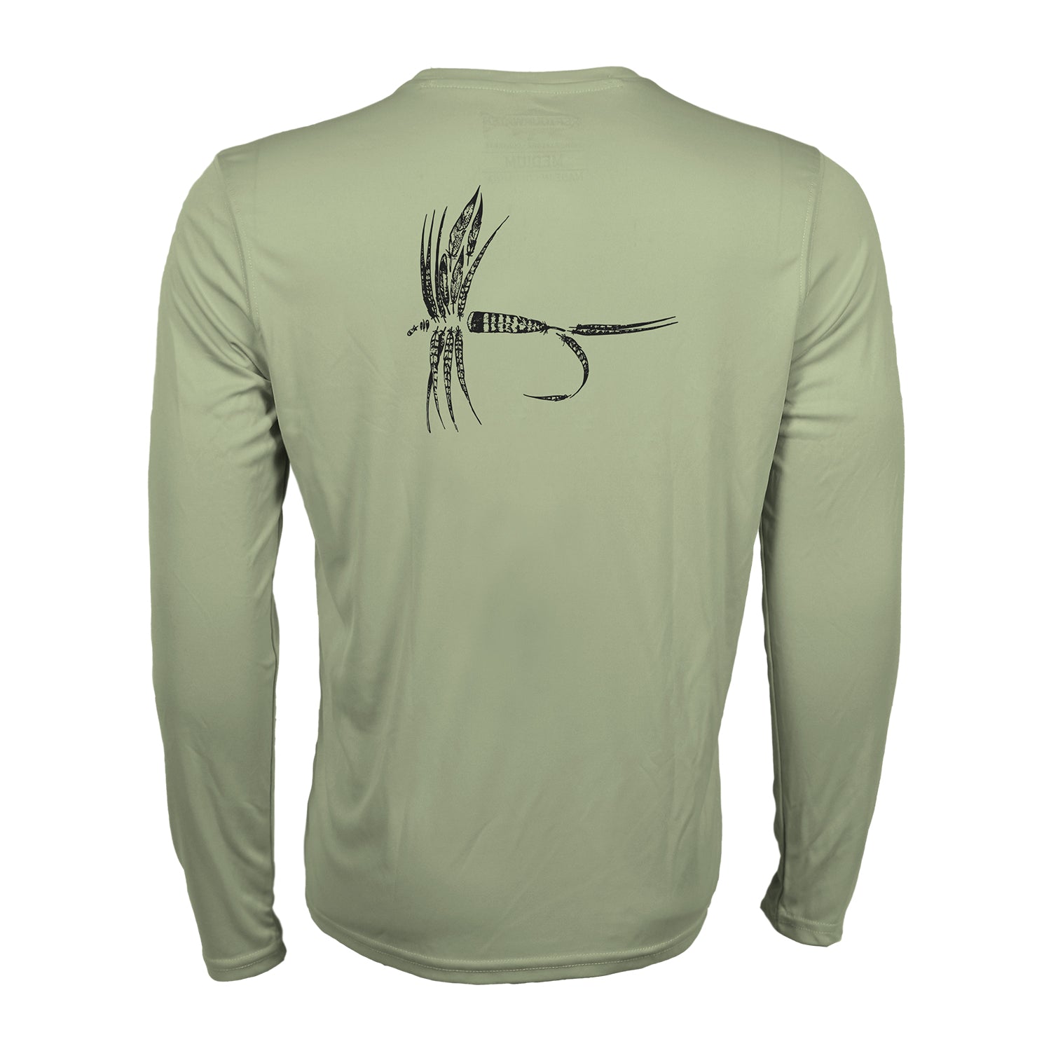 backside of green sun shirt that has a dry fly made up of feathers