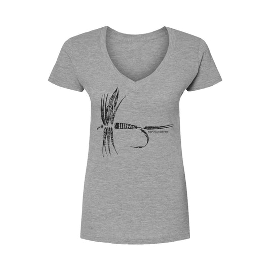 gray short sleeve shirt with a black design of a dry fly made up of feathers