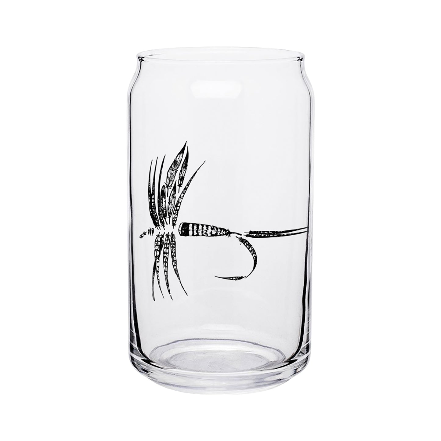 Beer can shaped glass with a dry fly made up of feathers in black ink