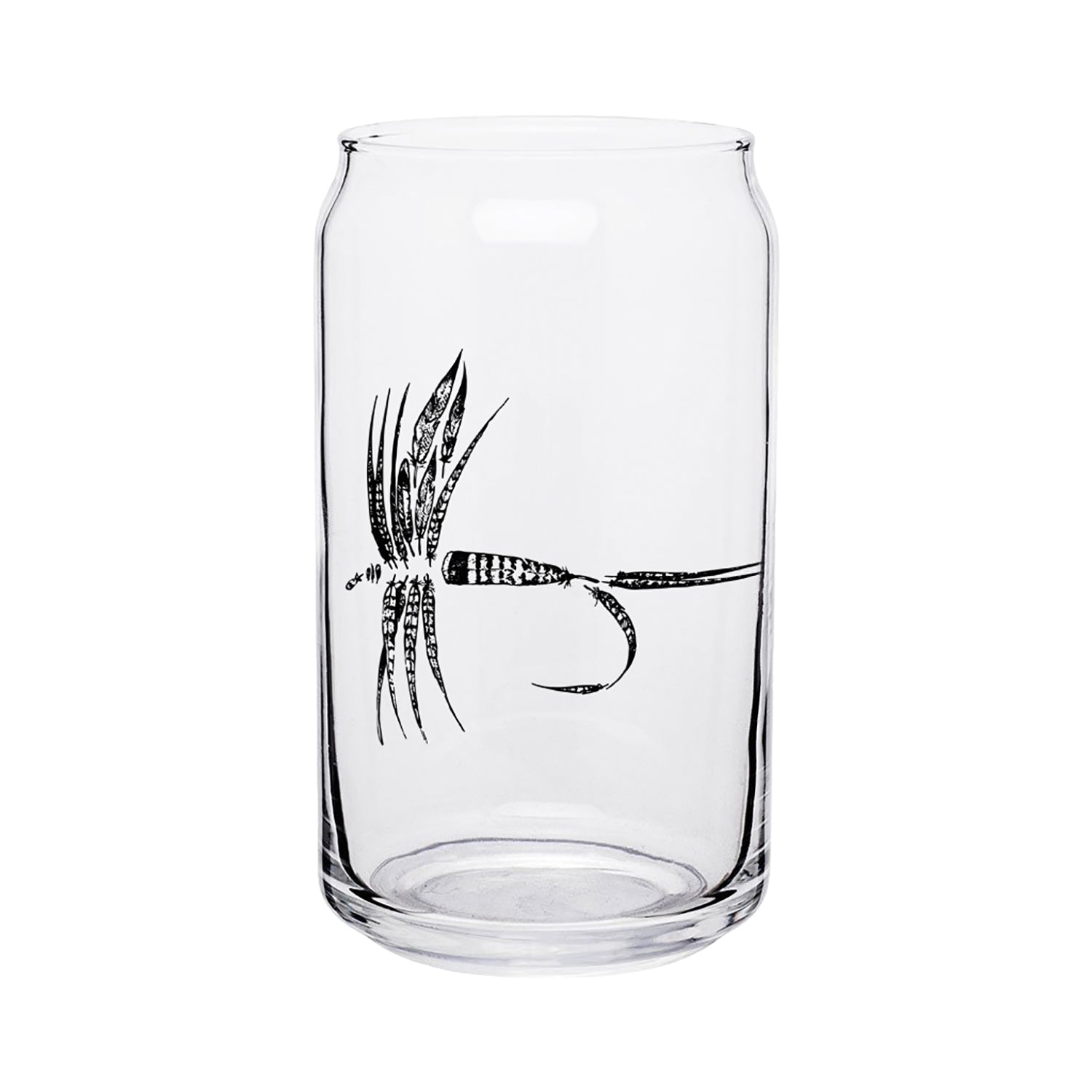 Beer can shaped glass with a dry fly made up of feathers in black ink