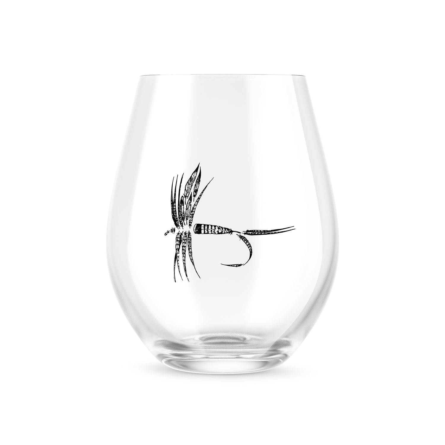 wine glass with a dry fly made up of feathers in black ink