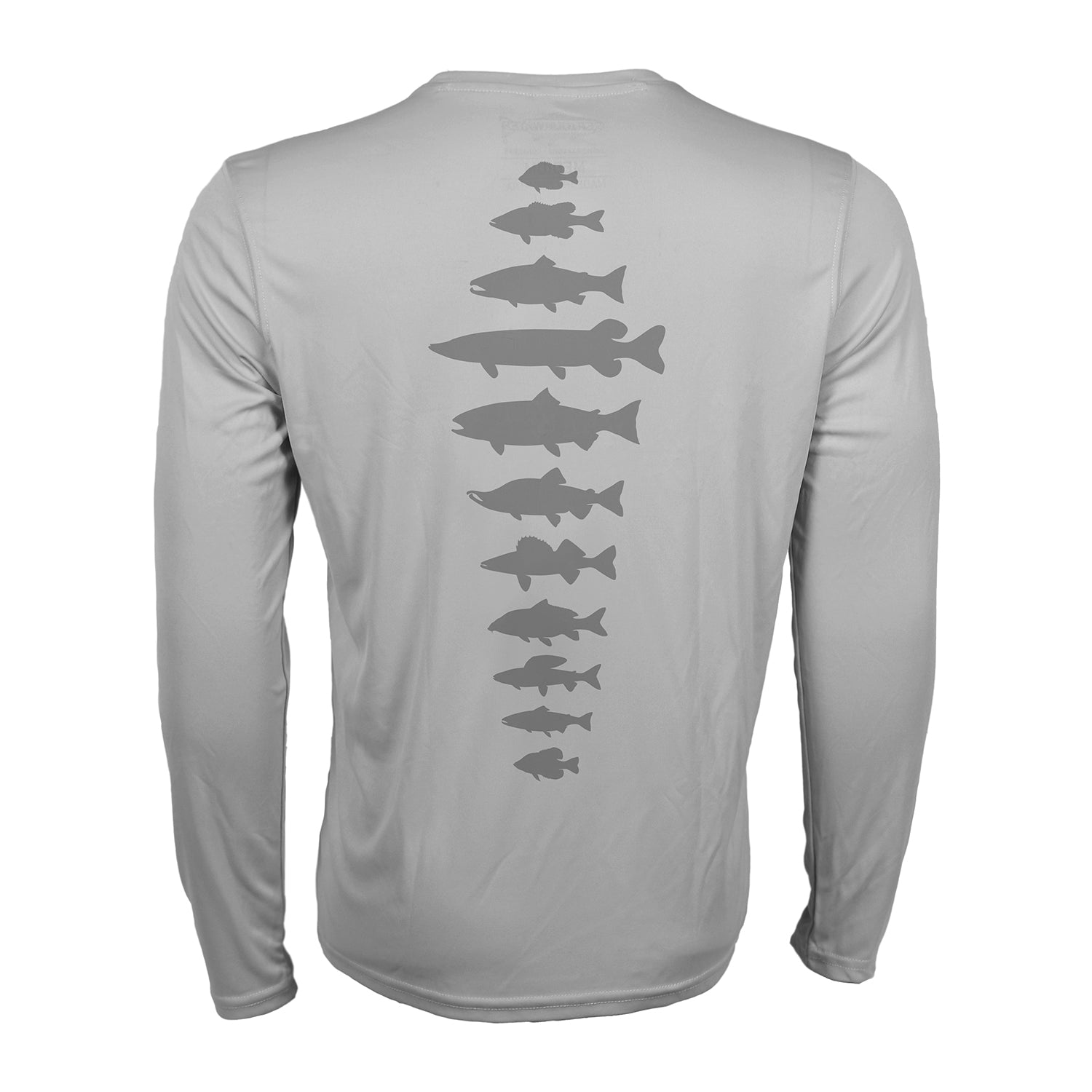 backside of gray sun shirt that has freshwater fish species going down the spine in gray