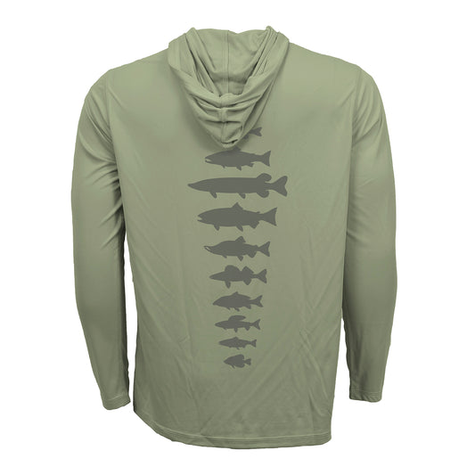 backside of green sun hoody with freshwater fish species silhouettes going down the spine