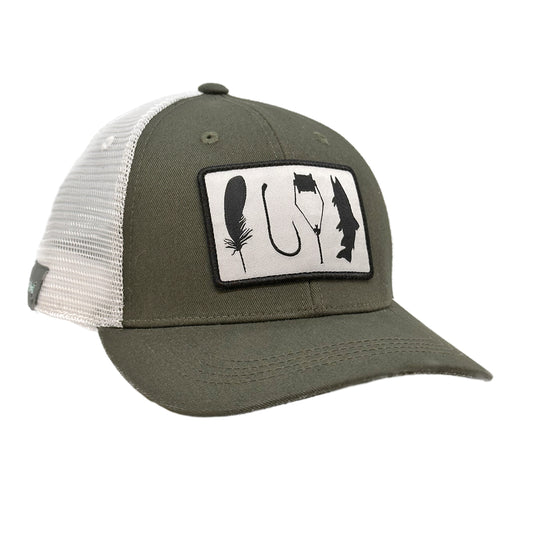 A forest green front with white mesh back hat with a patch of a black feather, a bare hook, a thread bobbin, and a fish