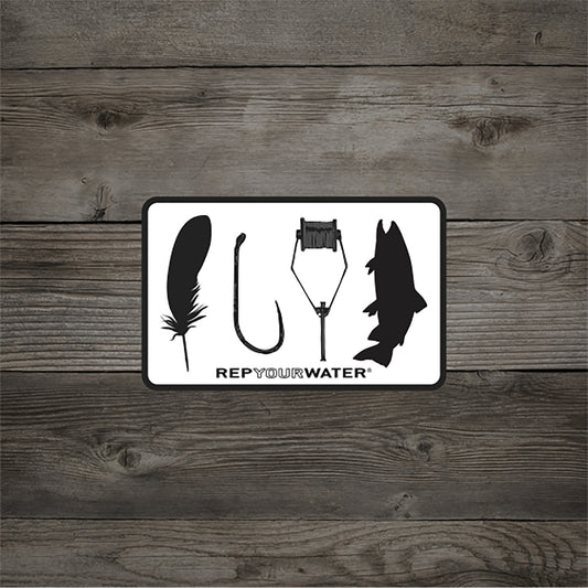 A wood background  white sticker with black border that shows the silhouettes of a feather hook bobbin and trout with text that reads rep your water